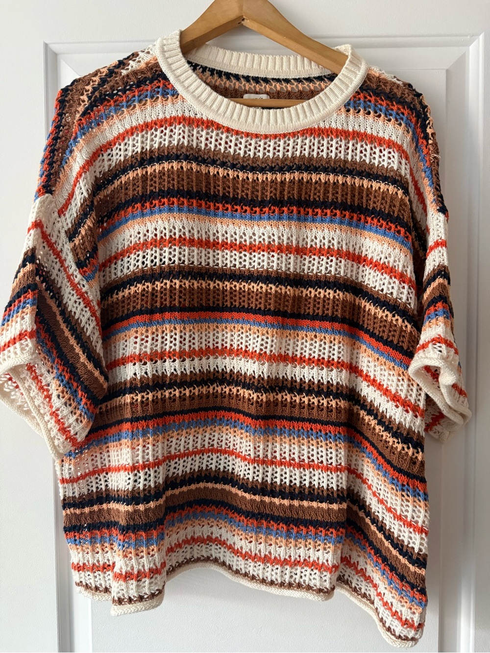aerie Open-Knit Striped Sweater in Cream, Brown & Orange